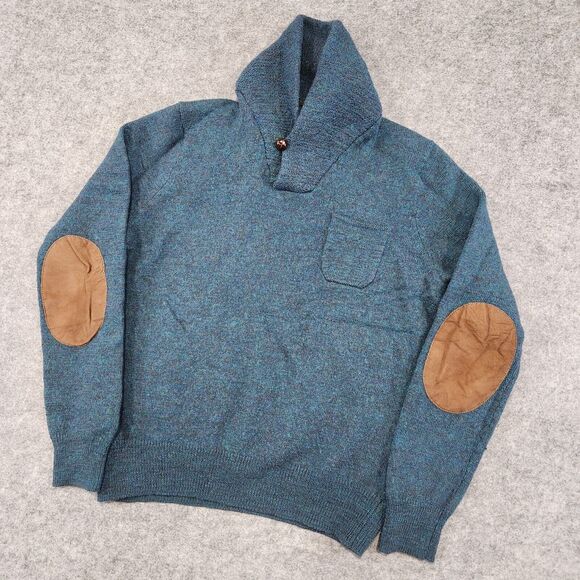 J Crew Women Merino Wool Slim Blue Shawl Collar Leather Elbow Patch Sweater READ - Picture 2 of 12